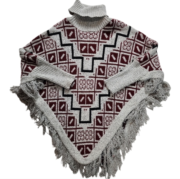 Geometric Fringe Poncho Sweater with Turtleneck Burgundy Gray Boho Style - Picture 1 of 6